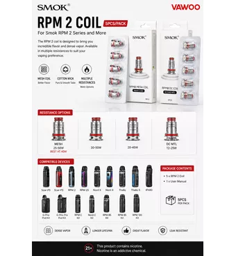Smok RPM 2 Coil for Scar-P5, Scar-P3, RPM 2, RPM 2S, Nord X, Nord 4, Thallo,Thallo S, IPX80, G-priv pod kit,G-priv pro pod kit,RPM C Kit,Nord C kit,RPM 85 Kit,RPM 100 Kit (5pcs/pack)